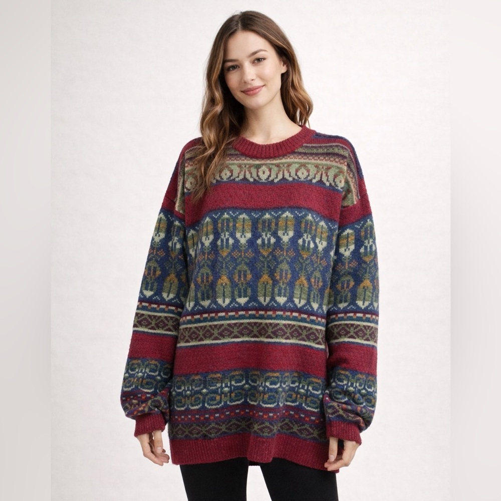 Jamie Watson Scotland Lambswool Crew Neck Red Blue Green Oversized Sweater Sz 4